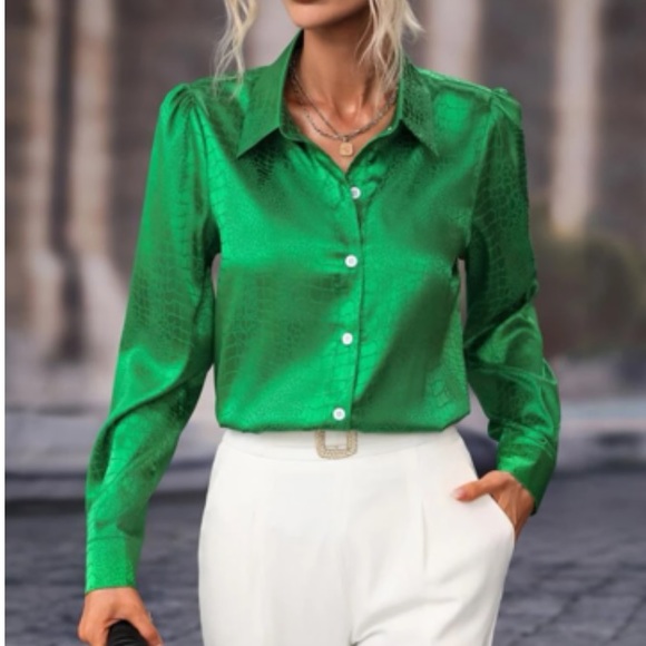 Luxe jacquard button down satin blouse - Picture 7 of 16
